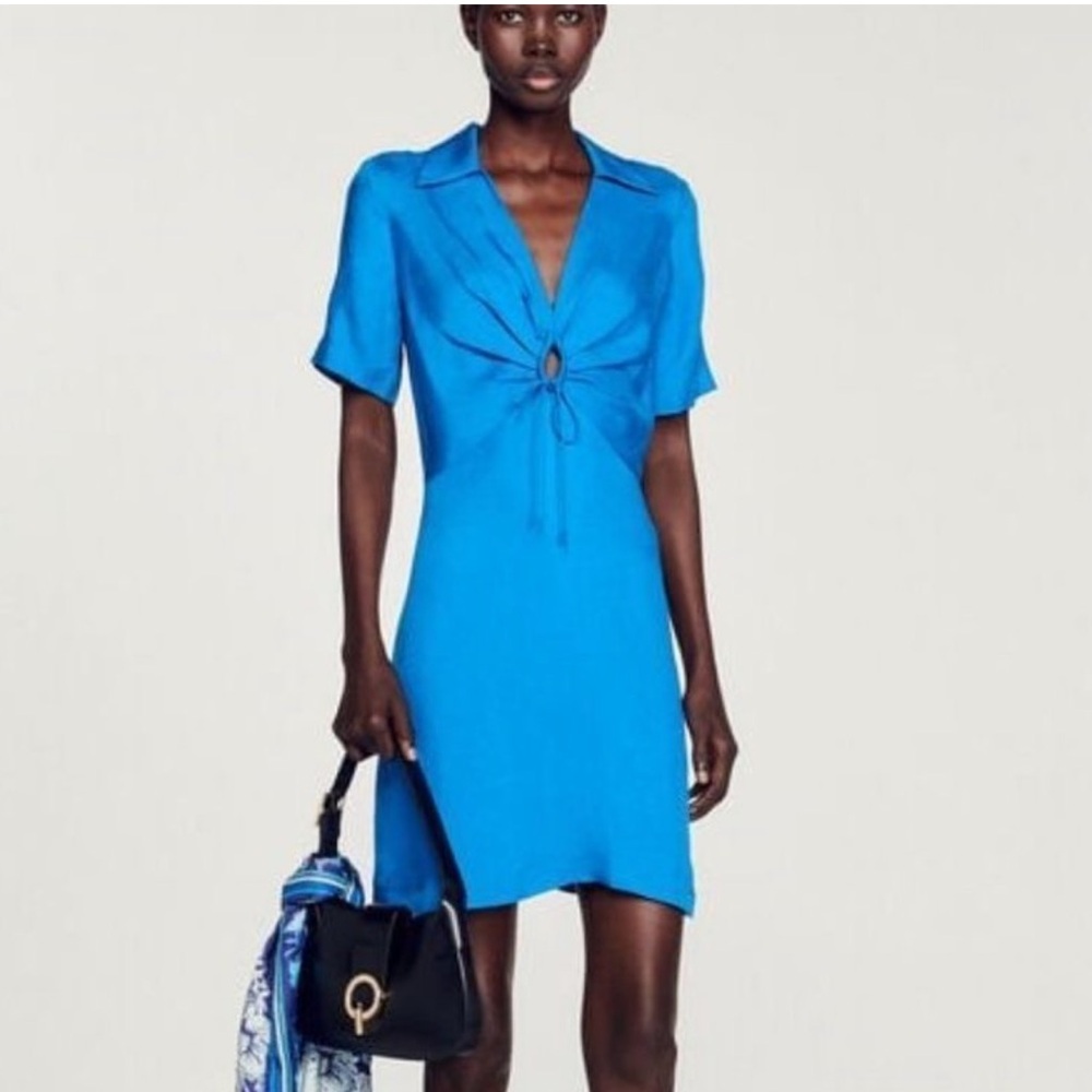 Sandro Pompei Bleu Linen Cutout Flowy Dress